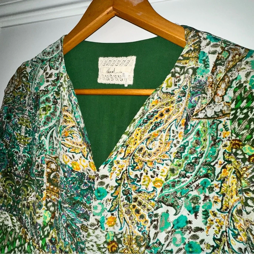 Anthropologie Floreat Amelie Paisley 100% Silk Bell Sleeve Swing Dress Sz 2 BOHO - Picture 7 of 15